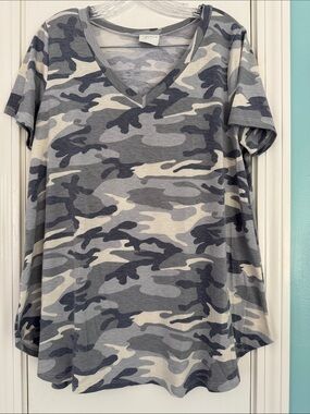 TALL ALERT! Sew In Love Gray Blue Cream Camo V-Neck Tunic